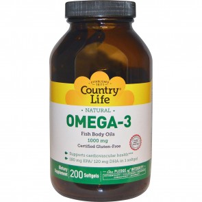 Country Life Omega-3 Fish Body Oils 1000 mg 200 Softgels
